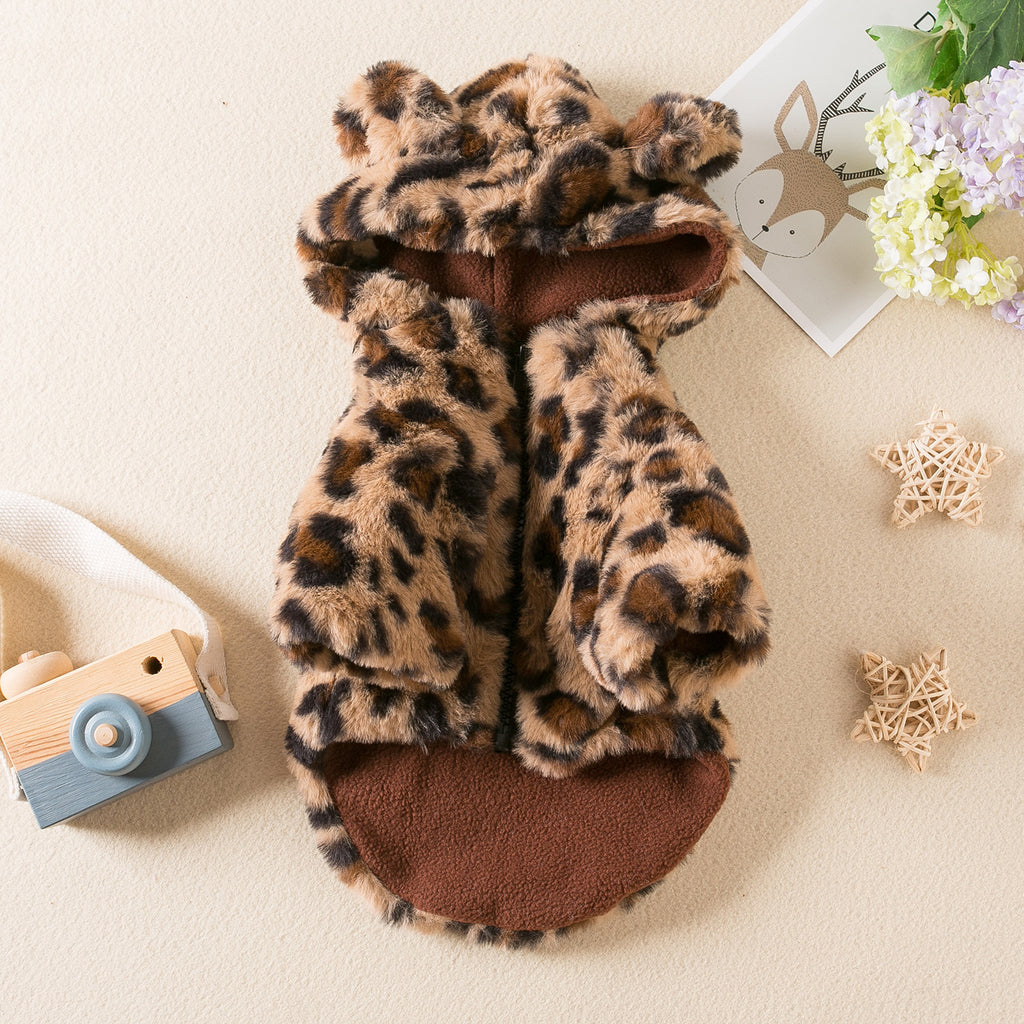 Polerón con gorro para mascota: abrigo peludo con estampado de leopardo para perros chicos y gatos