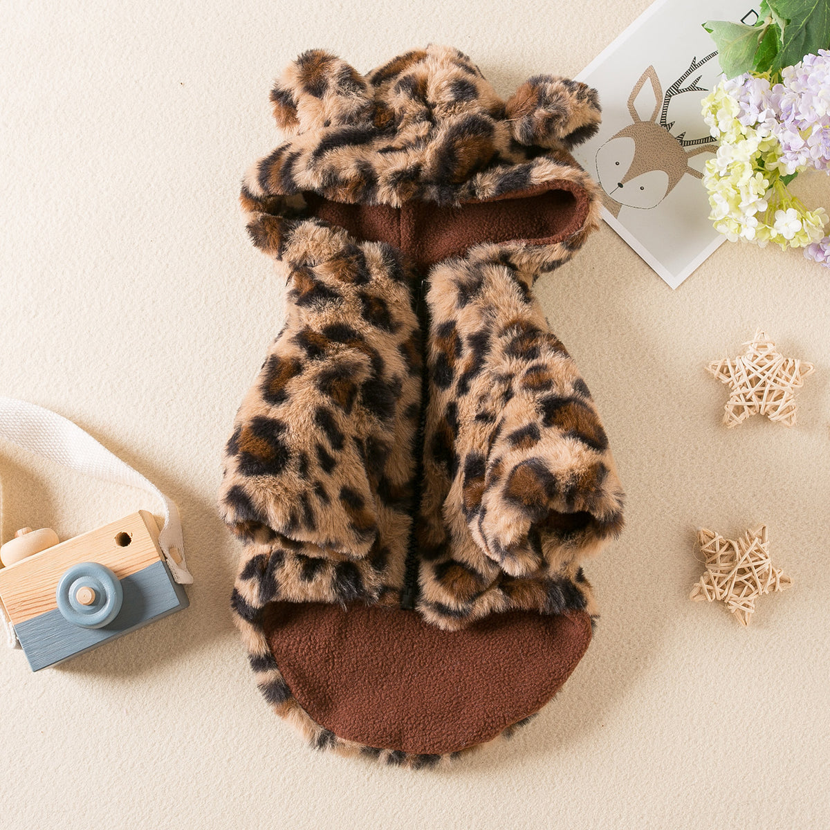 Polerón con gorro para mascota: abrigo peludo con estampado de leopardo para perros chicos y gatos