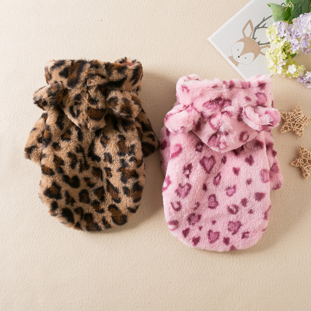 Polerón con gorro para mascota: abrigo peludo con estampado de leopardo para perros chicos y gatos