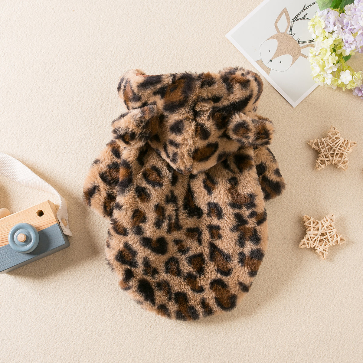 Polerón con gorro para mascota: abrigo peludo con estampado de leopardo para perros chicos y gatos