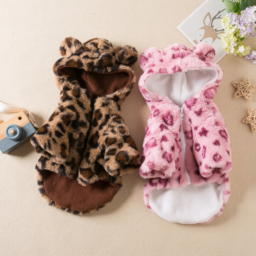 Polerón con gorro para mascota: abrigo peludo con estampado de leopardo para perros chicos y gatos