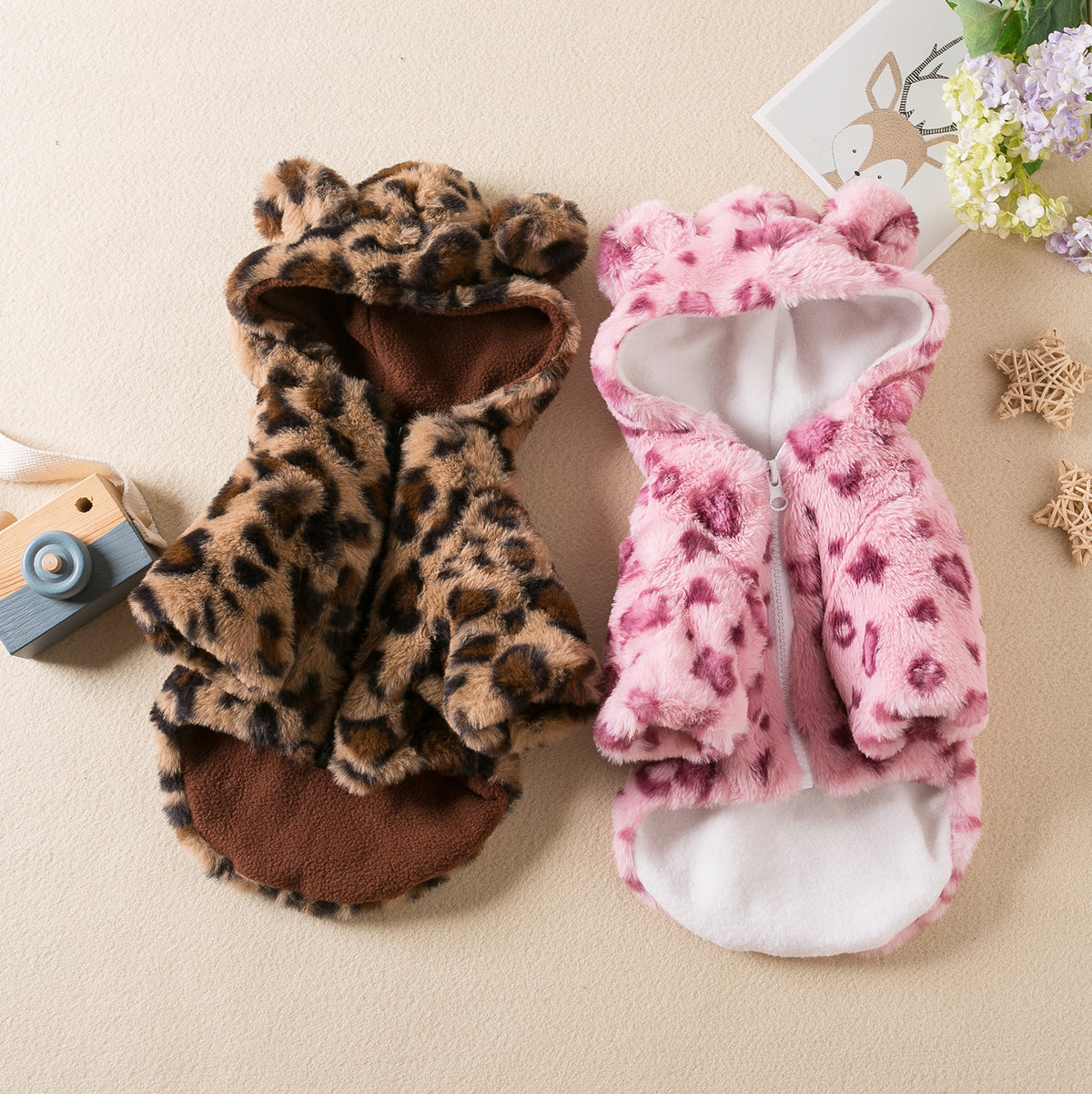 Polerón con gorro para mascota: abrigo peludo con estampado de leopardo para perros chicos y gatos