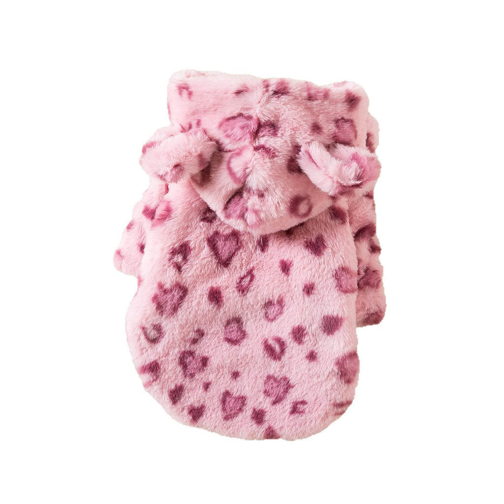 Polerón con gorro para mascota: abrigo peludo con estampado de leopardo para perros chicos y gatos